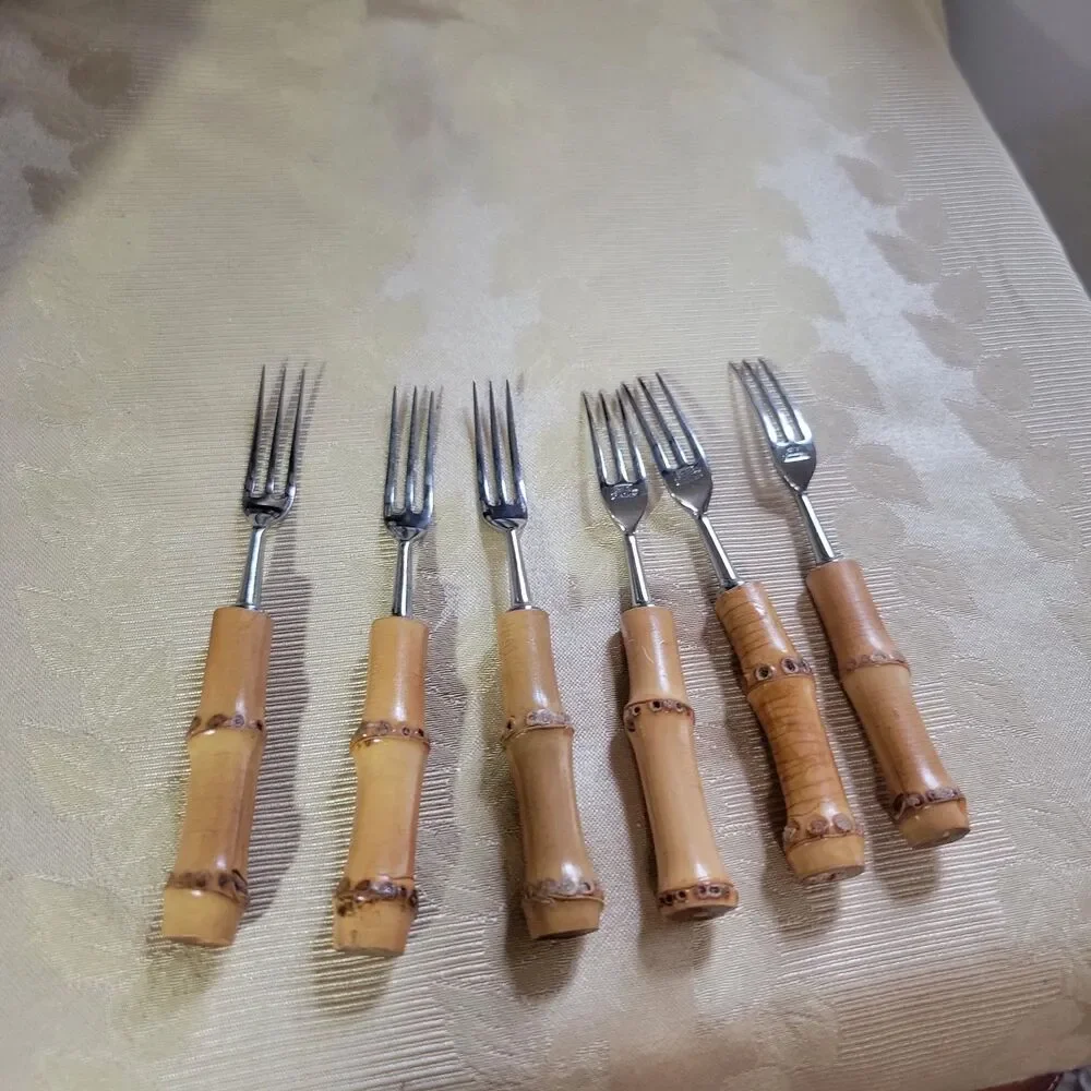Bamboo Handle Stainless Steel Fork Set 6 Appetizer Dessert Cocktail Fondue MCM